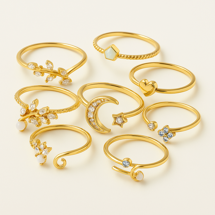 Set of 10 Bohemian Rings in Silver and Gold Plated