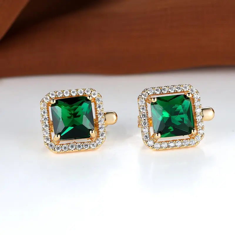 Green Square Zirconia Earrings | Gold