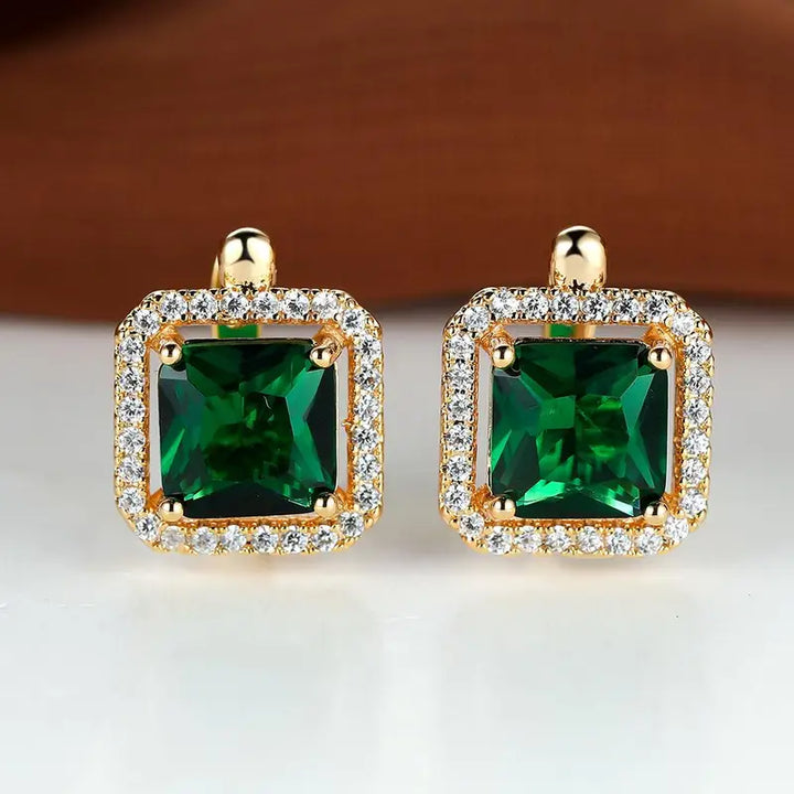 Green Square Zirconia Earrings | Gold