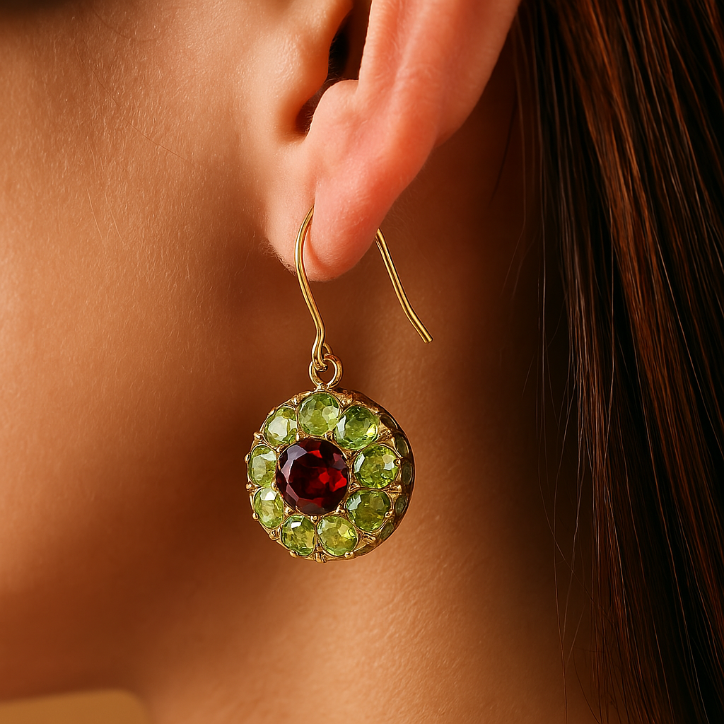 Vintage Round Earrings in Red and Green Crystal