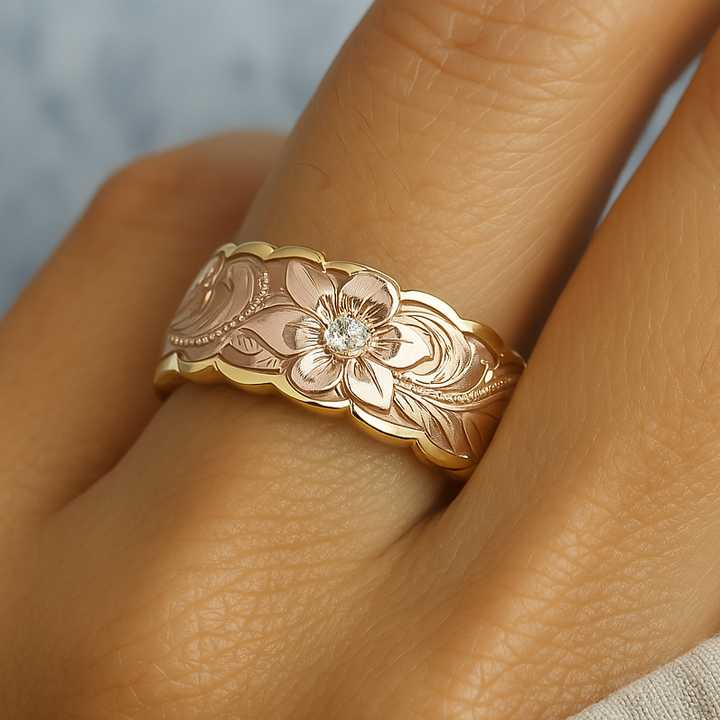 Vintage Gold Ring with Pink Flower