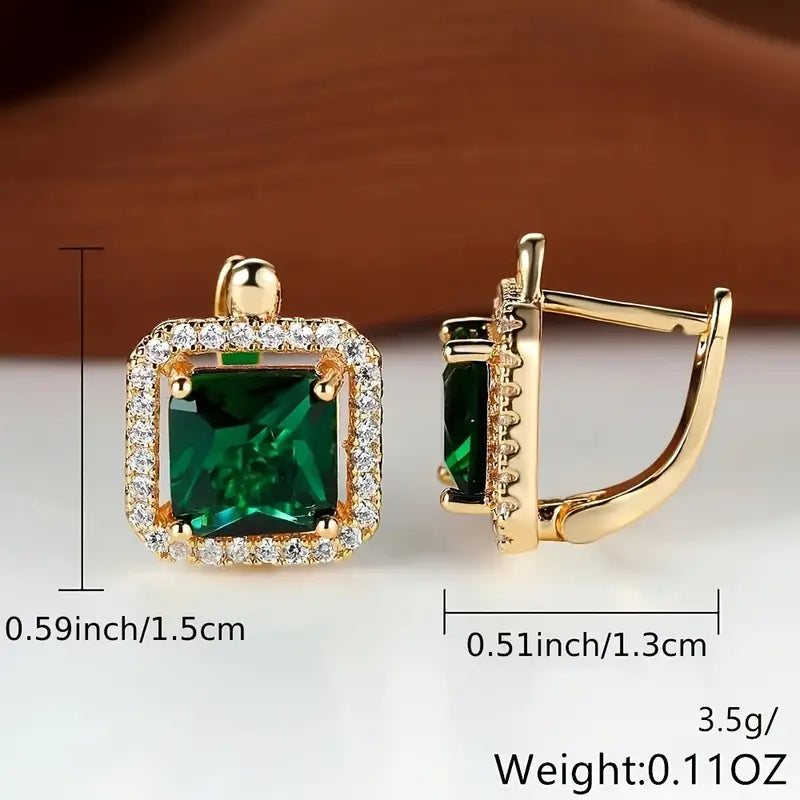 Green Square Zirconia Earrings | Gold