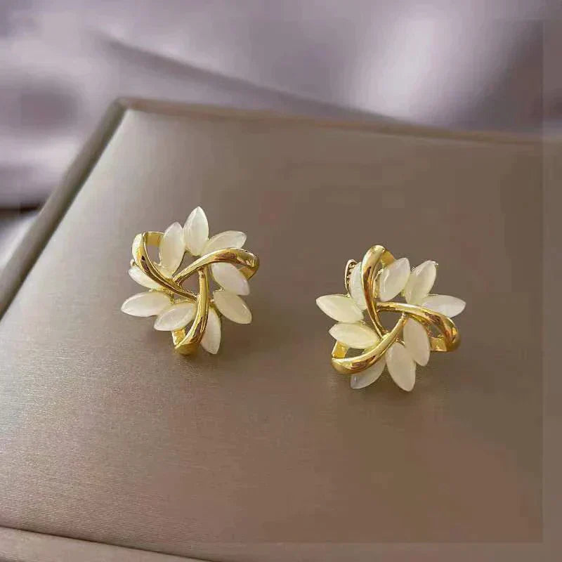Gold Earrings with Luxury White Opal