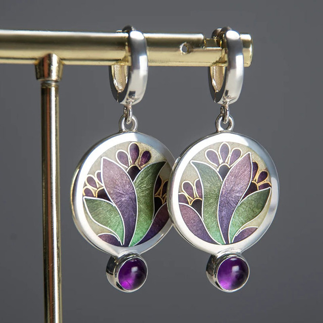 Sterling Silver Earrings Adorned with Purple Crystals Boho