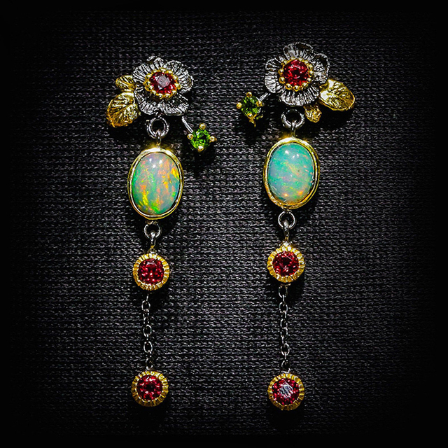 Opal and Red Zirconia Earrings in Boho Style