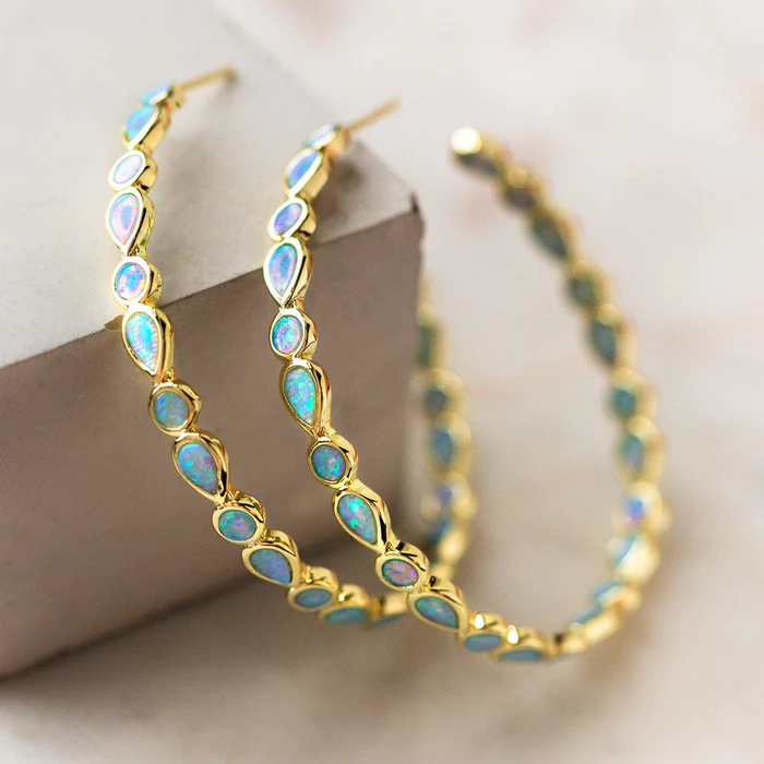 Vintage Gold Circle Opal Earrings
